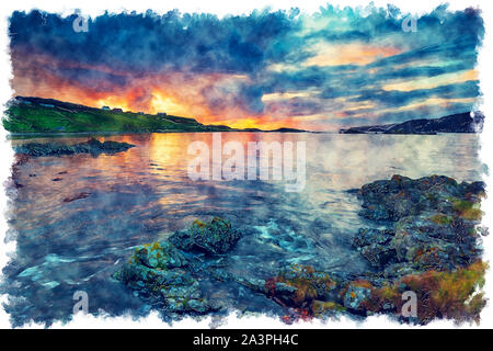 Watercolour painting of a dramatic sunset sky over the beach at Scourie in the Highlands of Scotland Stock Photo