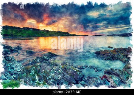 Watercolour painting of a stunning sunset over the bay at Scourie in the fa north west of Scotland Stock Photo