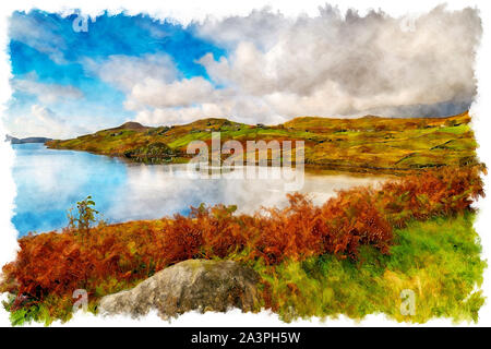 Watercolour painting looking out over Loch inchard cloaked in Autmun colour at kinlochbervie in the highlands of Scotland Stock Photo
