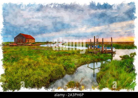 Watercolour painting of sunrise at the old harbour at Thornham near Hunstanton on the north coast of Norfolk Stock Photo