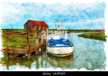 Watercolour painting of a fishing boat moored at a wodden jetty at Thornham on the Norfolk coast Stock Photo