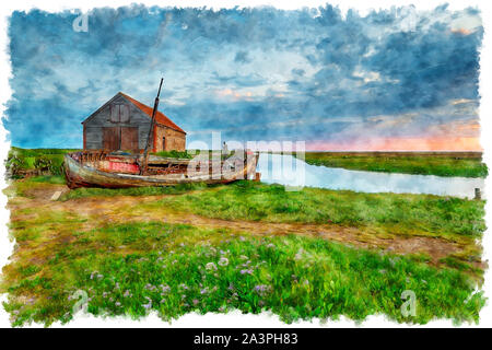 Watercolour painting of a summer sunrise over an old coal barn and fishing boat at Thornham on the north coast of Norfolk Stock Photo
