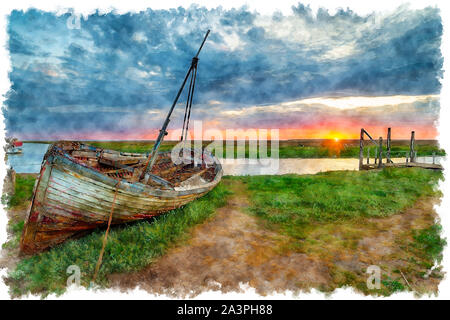 Watercolour painting of a dramatic sunrise over an old fishing boat on the shore at Thornham on the north coast of Norfolk Stock Photo