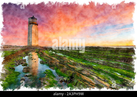 Watercolour painting of a stunning sunrise over Southerness lighthouse on the Galloway coast in Scotland Stock Photo