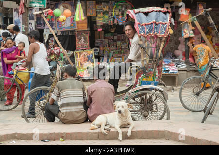 Rickshaw Driver & Dog resting, Kathmandu, Nepal, on street Stock Photo