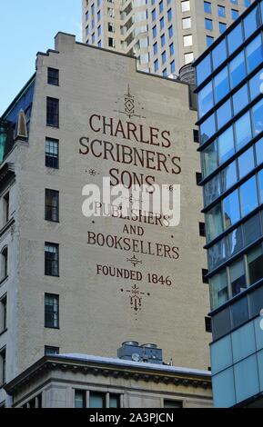 NEW YORK CITY, NY -4 OCT 2019- View of the vintage street sign for the Charles Scribner’s Sons landmark bookstore on Fifth Avenue in Manhattan, New Yo Stock Photo