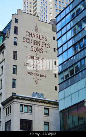 NEW YORK CITY, NY -4 OCT 2019- View of the vintage street sign for the Charles Scribner’s Sons landmark bookstore on Fifth Avenue in Manhattan, New Yo Stock Photo