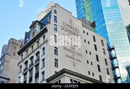 NEW YORK CITY, NY -4 OCT 2019- View of the vintage street sign for the Charles Scribner’s Sons landmark bookstore on Fifth Avenue in Manhattan, New Yo Stock Photo