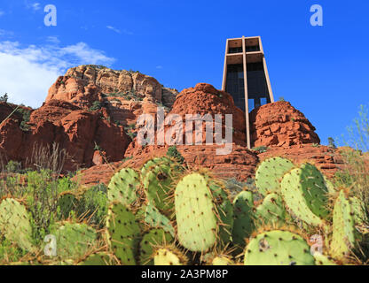 Cactus and Chapel of Holy Cross, Arizona Stock Photo