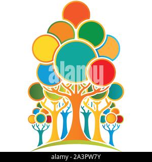 Group of abstract tree formed by orange trunk and blue, green, orange and red circles on white background. Vector image Stock Vector