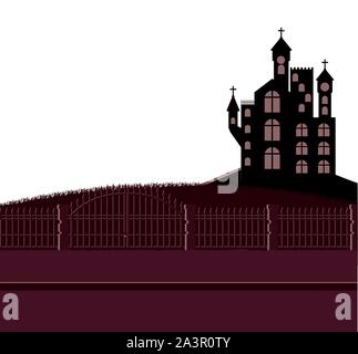 halloween dark castle with metal gate scene icon Stock Vector