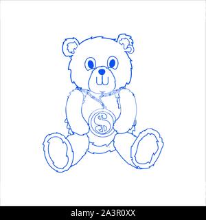 Line art bear with a large chain & dollar sign meddle siting down Stock Vector