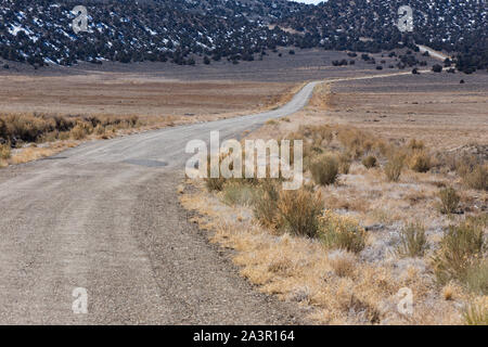 A winding empty gravel road through the desert. Stock Photo