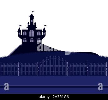 halloween dark castle with metal gate scene icon Stock Vector