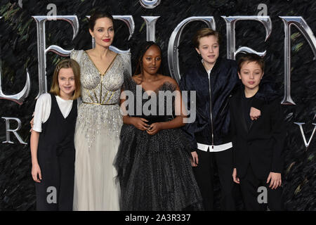 London, UK. 09th Oct, 2019. Vivienne Jolie-Pitt, Angelina Jolie, Zahara Jolie-Pitt, Shiloh Jolie-Pitt and Knox Leon Jolie-Pitt attend the Maleficent: Mistress of Evil European Premiere at the BFI IMAX Waterloo in London. Credit: SOPA Images Limited/Alamy Live News Stock Photo