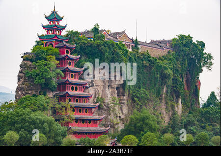 Grand fortress of Shibaozhai built against mountain wall in Chongqing, China Stock Photo