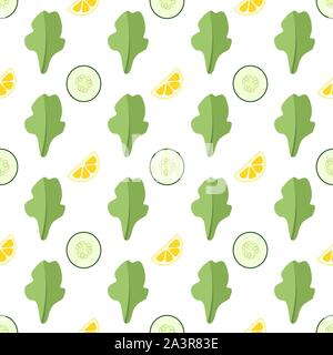 Seamless vector pattern. Slices of cucumber and lemon, lettuce on a white background. Healthy vegetarian food. Stock Vector