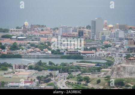 La Matuna and the Walled City as seen in the distance from Cerro de La Popa, the highest point in Cartagena Stock Photo