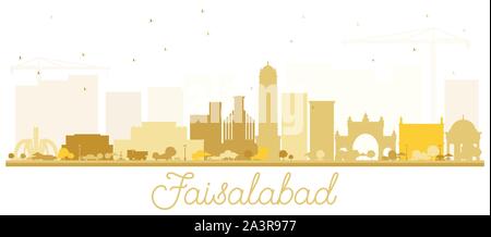 Faisalabad Pakistan City Skyline Silhouette with Golden Buildings Isolated on White. Vector Illustration. Stock Vector