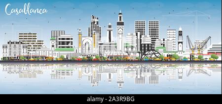 Casablanca Morocco City Skyline with Color Buildings, Blue Sky and Reflections. Vector Illustration. Stock Vector
