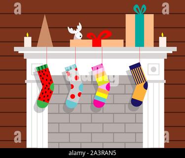 Christmas fireplace with hanging socks for gifts. Vector illustration. Stock Vector