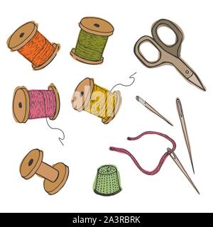 Sewing Supplies Set Sewing Machine White Scissors Mannequin Fitting Roll Of  Fabric Orange Pin Yellow Bobbin Thread Green Spool Button Needle Zipper  Vector Clipart Stock Illustration - Download Image Now - iStock
