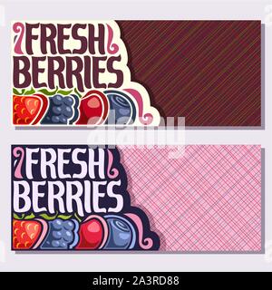 Vector banners for Fresh Berries with copy space, strawberry, ripe blackberry, cherry berry, healthy blueberry in a row on geometric background, veg m Stock Vector