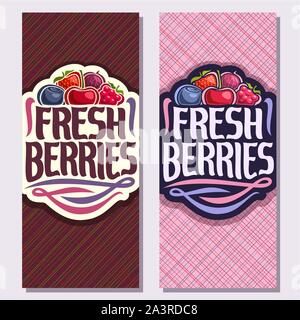 Vector vertical banners for Fresh Berries, heap of strawberry, red gooseberry, healthy blueberry, cherry berry, ripe raspberry on geometric background Stock Vector