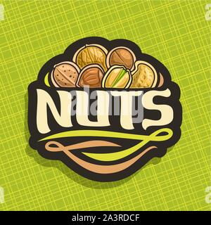 Vector logo for Nuts, cut sign with pile of healthy walnut, australian macadamia nut, sweet almond, forest hazelnut, cracked pistachio, peanut in nuts Stock Vector