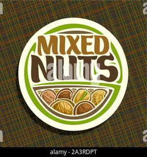 Vector logo for Nuts, round sign with pile of healthy walnut, australian macadamia nut, sweet almond, forest hazelnut, cracked pistachio and peanut, v Stock Vector