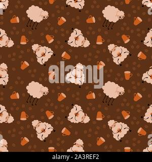 Seamless pattern with cute cartoon sheep drinking coffee. Flat vector illustration. Stock Vector