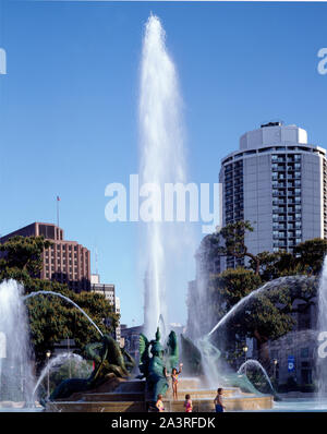 Swann Memorial Fountain (also known as the Fountain of the Three Rivers) is a fountain sculpture located in the center of Logan Circle, Philadelphia, Pennsylvania Stock Photo