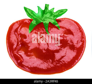 Ketchup or tomato sauce in the shape of tomato fruit on white background. Stock Photo
