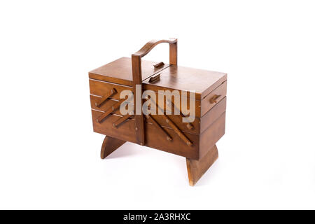 Old vintage folding wood toolbox over white. Stock Photo