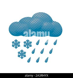 Comic vector design of sleet - rain and snow dropped from blue cloud. Cartoon forecast poster of cloudy and rainy slush cyclone. Stock Vector