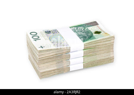 Bundles of polish 100 zloty banknotes. Isolated on white. Clipping Path included. Stock Photo