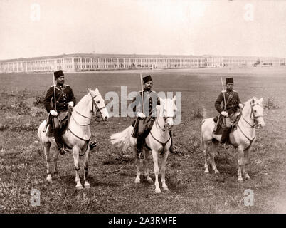 Officers of regiment of lancers on horseback, in field in front of barracks. Istanbul, Turkey, end of the 19th century Stock Photo