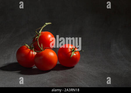 Tomatoes on vine on the black background. Stock Photo