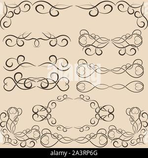 Set of vintage calligraphic wicker patterns with hearts and floral elements of a dark color on a beige background. Decorative borders and corners. Stock Vector