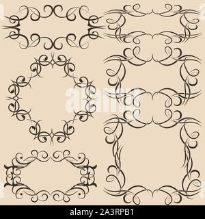 Set of vintage vector calligraphic frames with wicker floral elements in dark color on a beige background. Decorative borders. Stock Vector