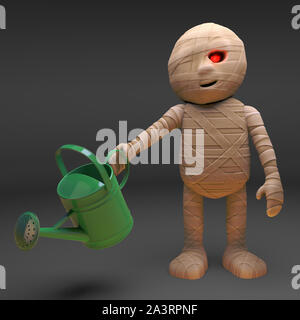 Egyptian mummy monster waters his patch of the desert, 3d illustration render Stock Photo