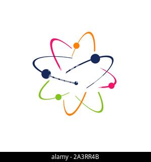 Symbol of science research Atom logo Vector icon illustration. electrons rotate in orbits around atomic nucleus concept Stock Vector