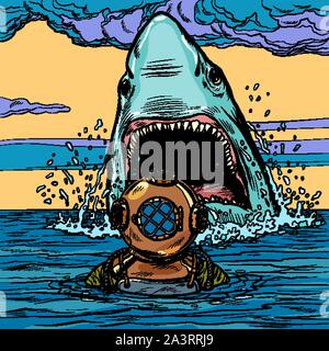shark attack on diver. Pop art vector illustration drawing Stock Vector