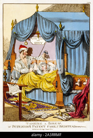 Tameing a Shrew or, Petruchio's Patent Family Bedstead, Gags & Thumscrews - a satirical caricature by Williams, referencing Shakespeare's The Taming of the Shrew. Unlike the majority of domestic abusers in England in 1815 (who crudely pounded on their wives in fits of drunken rage), Petruchio in this image takes a coolly methodical disciplinary approach to enforcing wifely obedience. The man's wife has been bound to his bed, he threatens her with thumbscrews, and a sign hangs above her, quoting a line from the wedding service of the time: Love, honour, and OBEY. See The Satirical Gaze by Cindy Stock Photo
