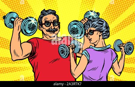 an elderly man and woman grandma grandpa retired in sports, fitness dumbbell. Pop art retro vector illustration drawing vintage kitsch Stock Vector