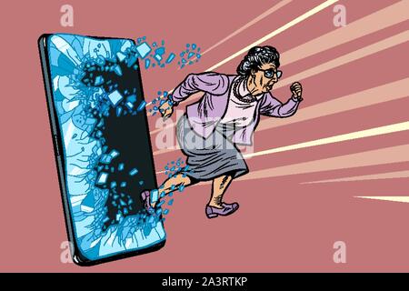 female retired lady and new technology concept. grandmother punches the screen of the smartphone and goes online. Phone gadget smartphone. Online Inte Stock Vector