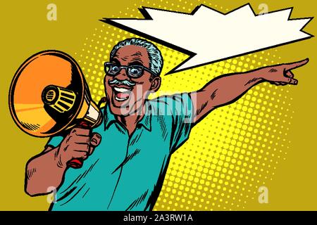african elderly man with a megaphone. Pop art retro vector illustration drawing vintage kitsch Stock Vector