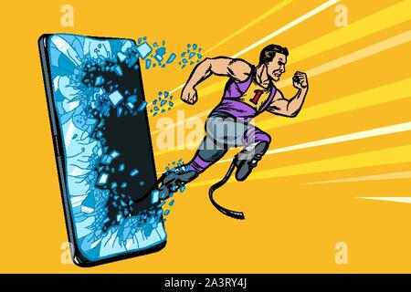 Legless Man Running line art male disabled athlete running on wheelchair illustration ...