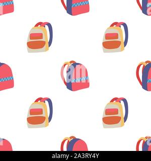 Modern doodle seamless pattern with two backpack, multicolor on white background for web and fabric design. Vector flat design. Stock Vector