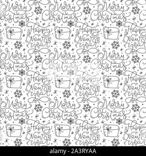 Christmas seamless Pattern with Merry Christmas calligraphy. Winter Snowflake vector monoline and gift. cute snowflakes repeat wallpaper. Nice element Stock Vector
